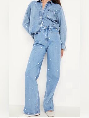 Blue Embroidered Daisy High-Waisted Sky-Hi Wide-Leg Jeans  Size 8